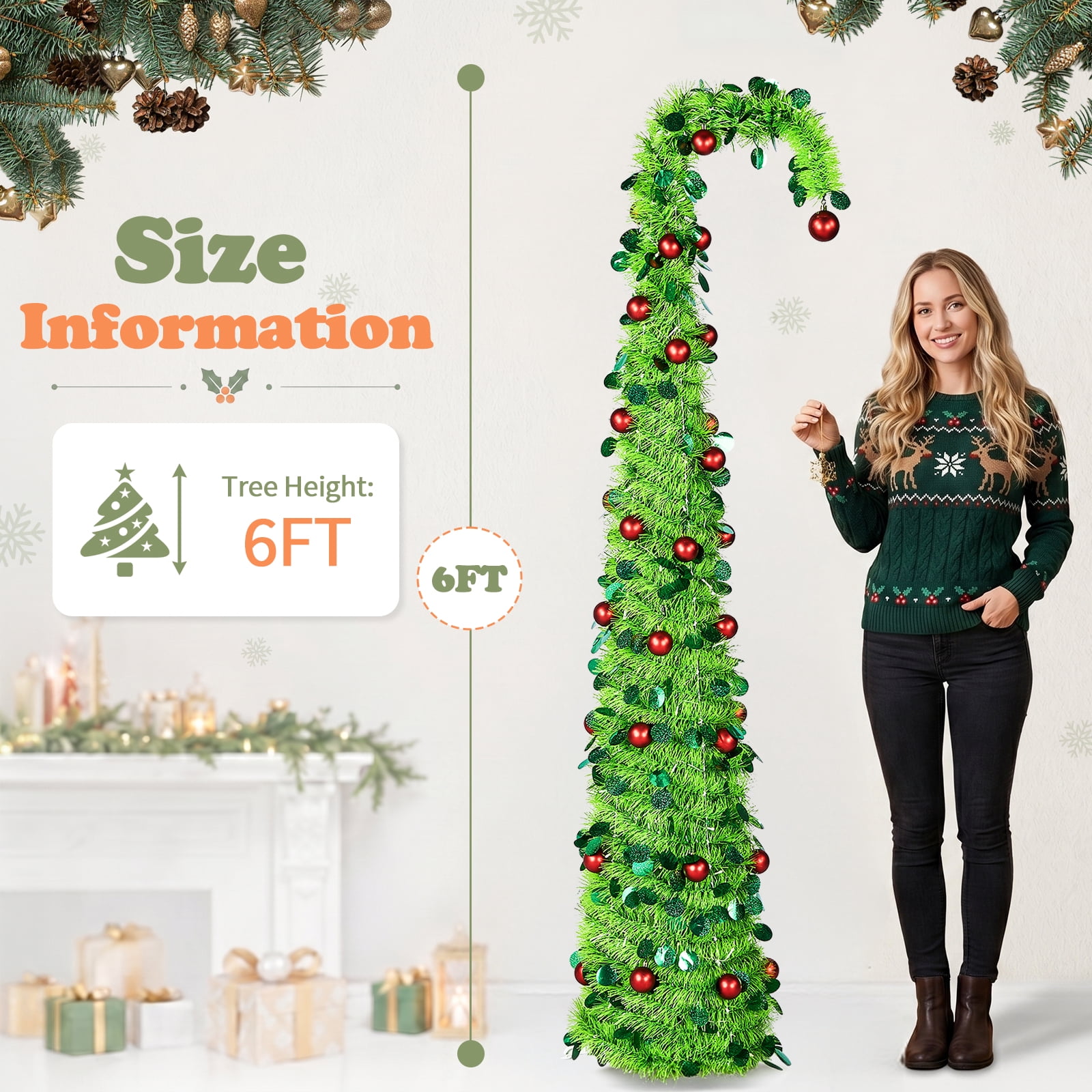 Astoutdoor 6 ft Green Bent-Top Telescopic Christmas Tree with Red Ball Ornaments, 100 Warm White LED Lights, 8 Modes, Battery Operated, PVC Pop-Up Holiday Tree