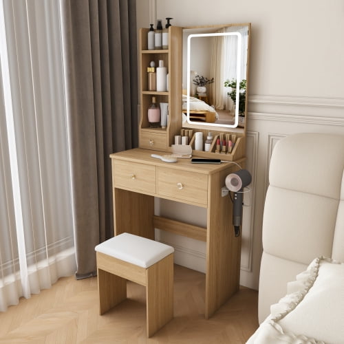 Modern Vanity Desk Set with LED Lighted Mirror, 3 Color Lighting Modes Adjustable Brightness, Built-in Power Outlet & Hair Dryer Holder, Drawers & Open Storage Shelves, Dressing Chair, Walnut
