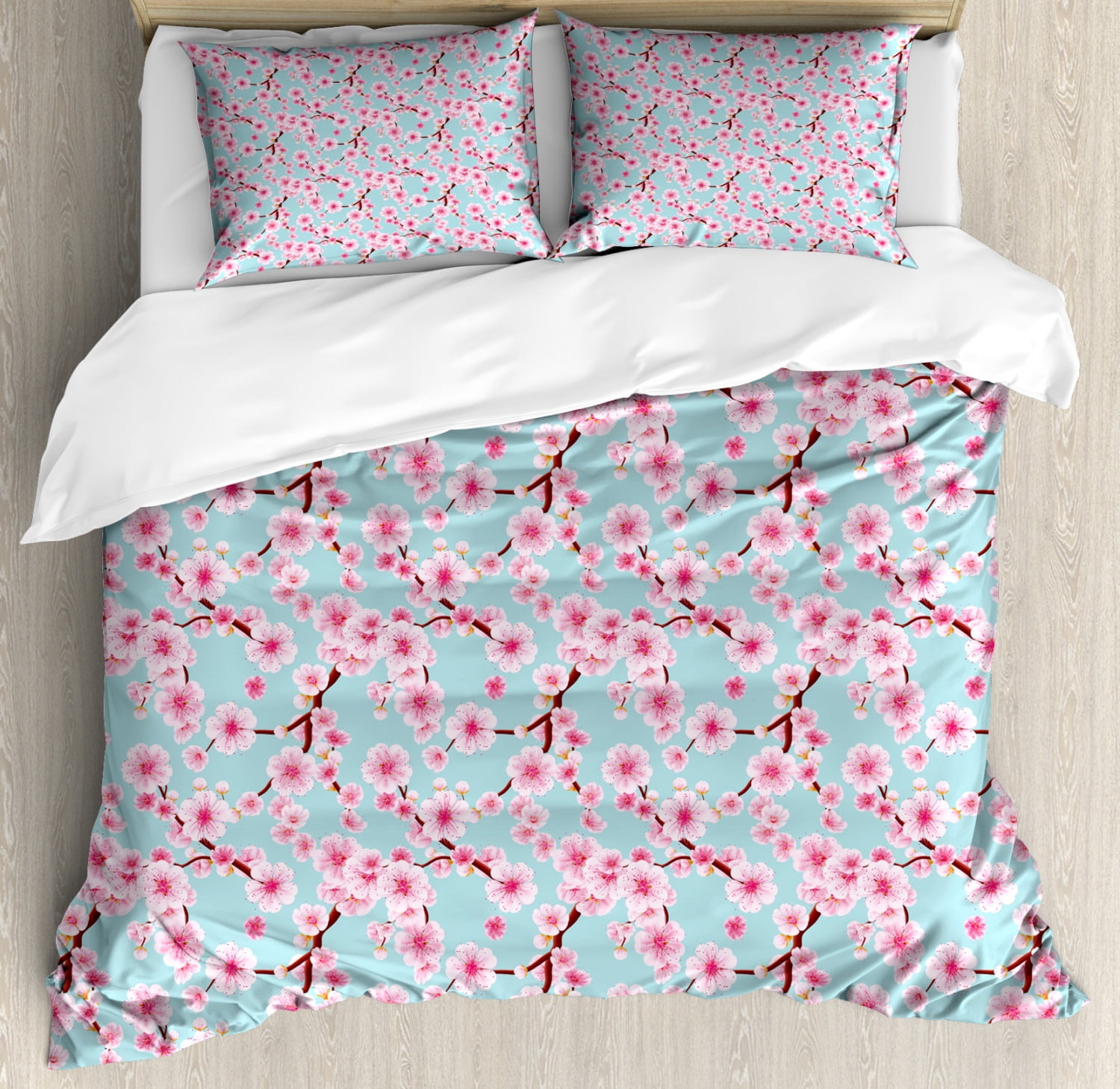 Cherry Blossom King Size Duvet Cover Set, Inspirational Seasonal Flower Garden Arrangement in