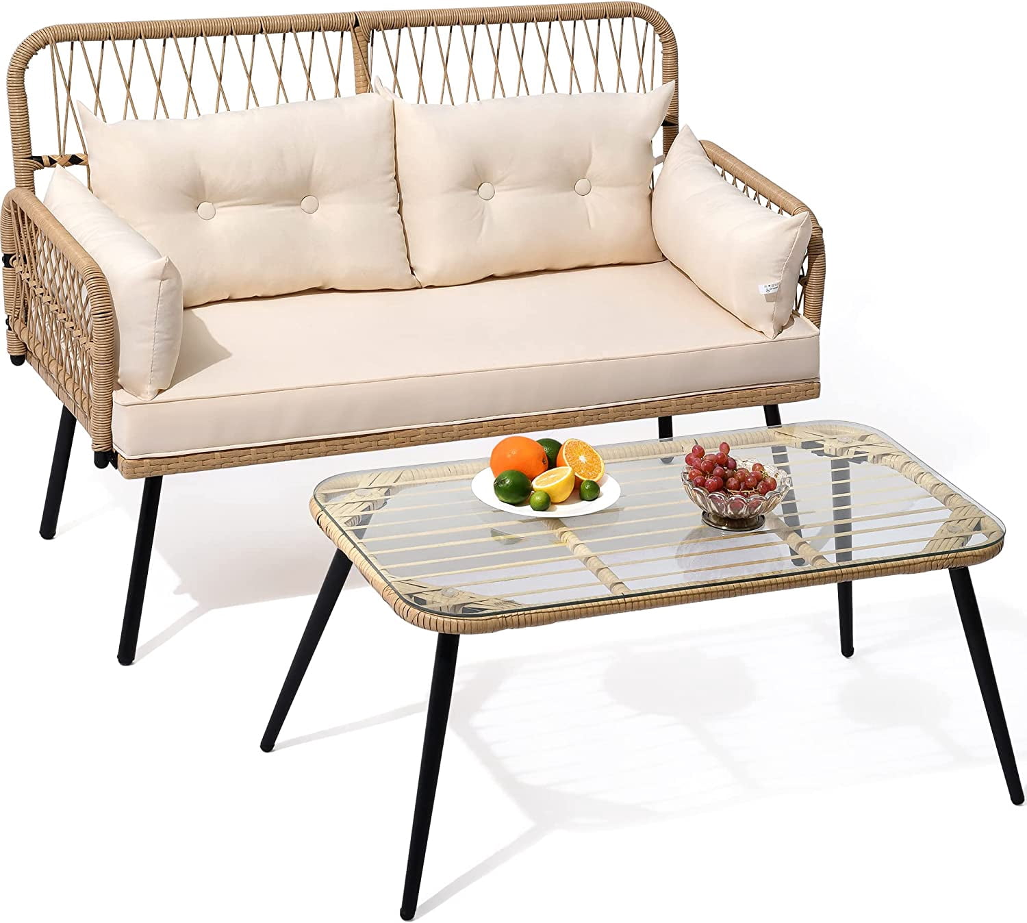 Dextrus 2-Piece Patio Furniture Wicker Outdoor Loveseat, All-Weather Rattan Conversation for Backyard, Balcony and Deck with Soft Cushions and SideTable (Light Brown+Beige)