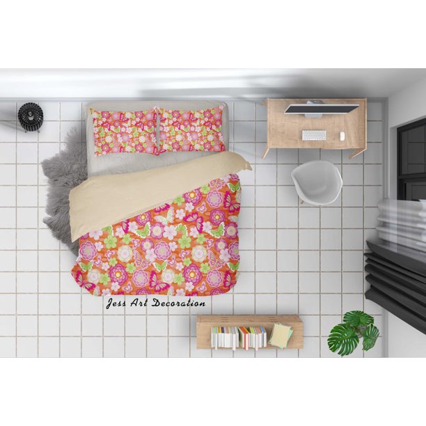 3D Naranja Verde Rosa Floral Mariposa Funda de edredón Set Ropa de Cama Funda Nórdica