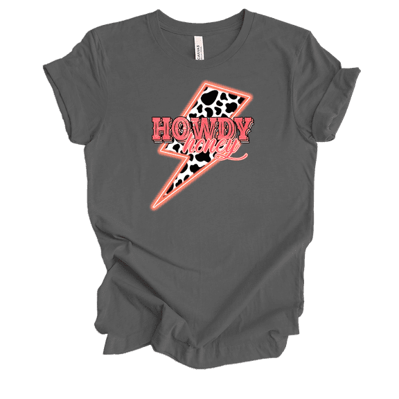 Trenz Shirt Company Womens Cute Howdy Honey Lightning Bolt Cow Print Country Ladies Short Sleeve T-Shirt-Asphalt-Large