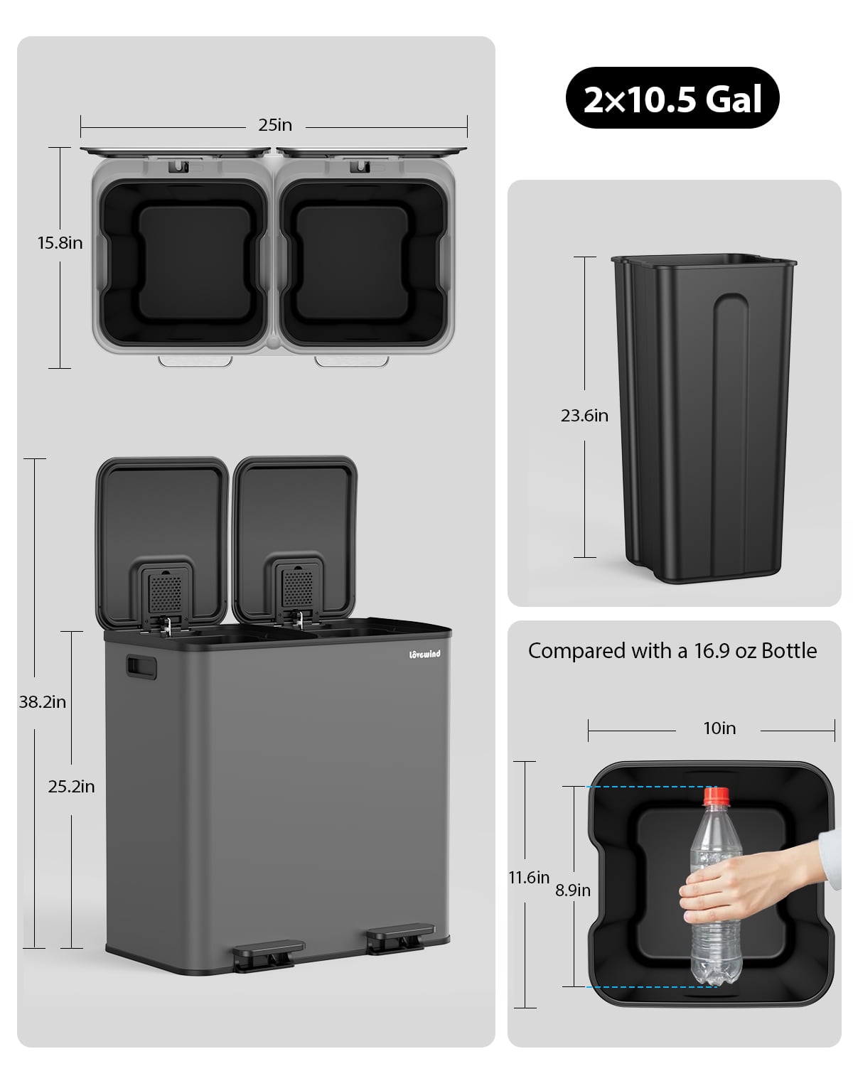 Kitchen Trash Can with Lid, 2 x 10.5 Gallon Garbage Cans for Kitchen, Step Trash Bin, Stainless Steel Trash and Recycle Bin Combo for Kitchen