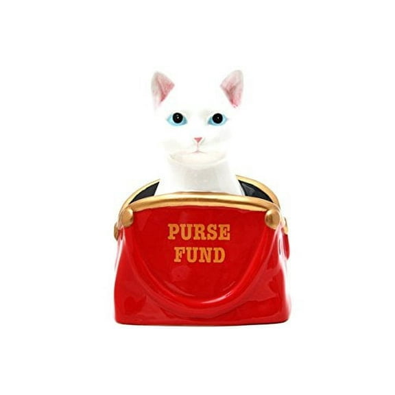 6.50 Inch Ceramic White Cat "Purse Fund" Savings Piggy/Coin/Money Bank