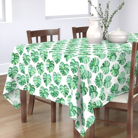 

Cotton Sateen Tablecloth 70 x 90 - Heart Watercolor Monstera Leaves Green White Large Tropical Leaf Illustration Emerald Print Custom Table Linens by Spoonflower