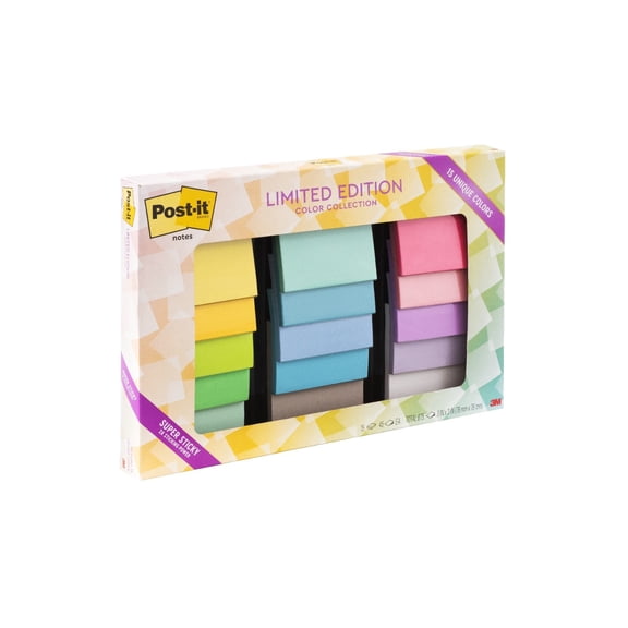 Post-it Super Sticky Notes Limited Edition Pack, Assorted Colors, 3 in. x 3 in., 15 Pads Total