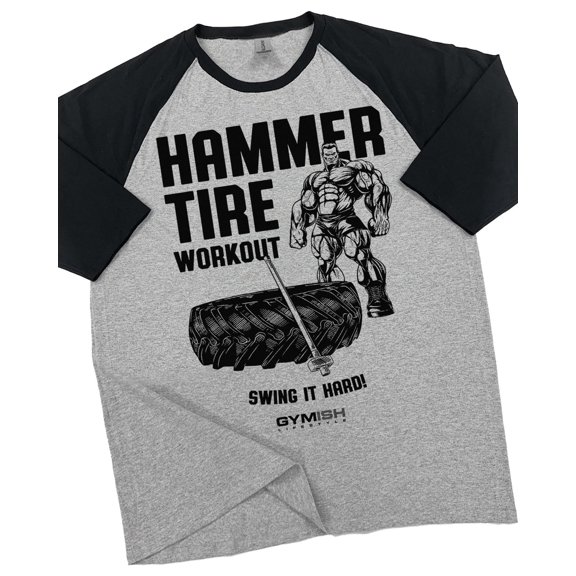 GYMISH RAGLAN Hammer Tire Workout Gym T-Shirt – Funny Gym Shirt for Men, Men's Fitness Tee, Weightlifting & Functional Training Apparel