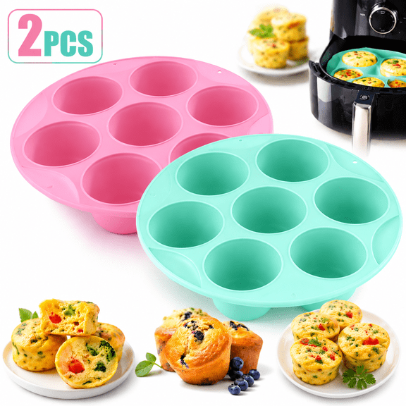 Genreen 2-Pack Silicone Egg Bite Molds for Air Fryer & Instant Pot – 8.45" Non-Stick 7-Cup Muffin Pan – Reusable Baking Tray for Breakfast Poachers, Brownies & Quiche (Pink & Green)