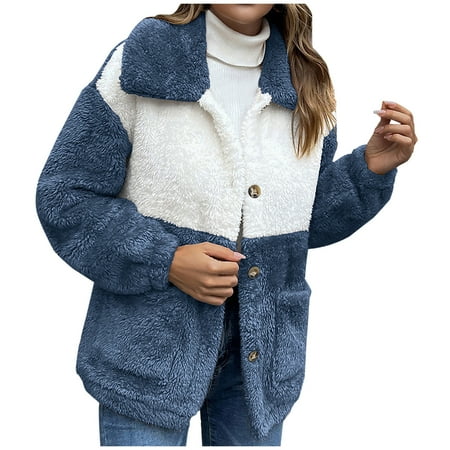 

Winter Fleece Coat for Womens Fashion Color Block Long Sleeve Jacket Warm Fuzzy Button Down Outerwear with Pockets