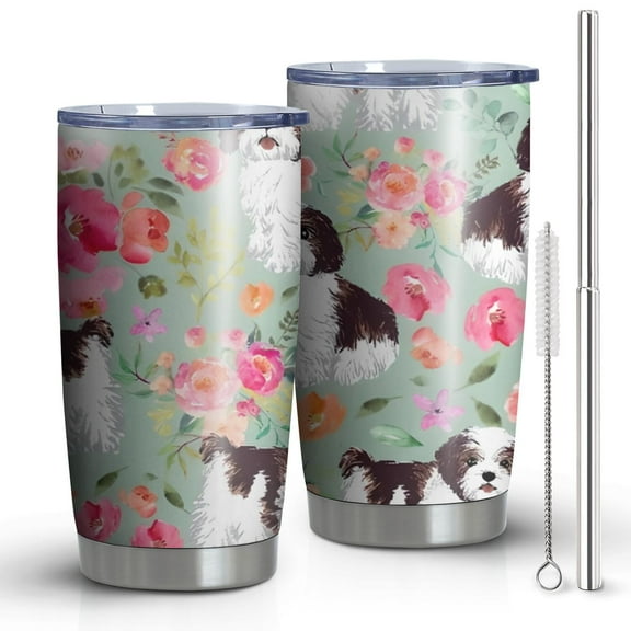 20 Oz Shih Tzu Dog and Flower Floral Coffee Tumbler Double Wall Insulated Stainless Steel Water Bottle | Metal Reusable Thermoses Flask with Cup Cap | Leak & Sweat Proof with Anti-Dust Lid