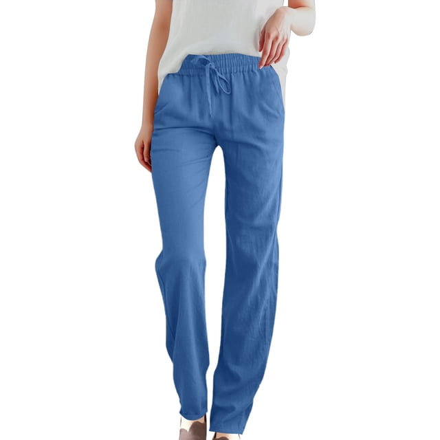 Women'S Cargo Pants Solid Color Linen High Waist Elastic Drawstring Lightweight Loose With Pockets Women’S Pants Blue XXL