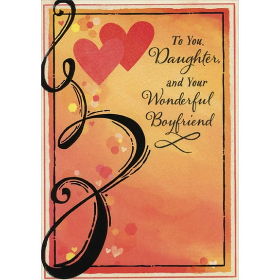 Designer Greetings Two Hearts and Swirling Black Line on Yellow and Orange Background Valentine's Day Card for Daughter and Boyfriend