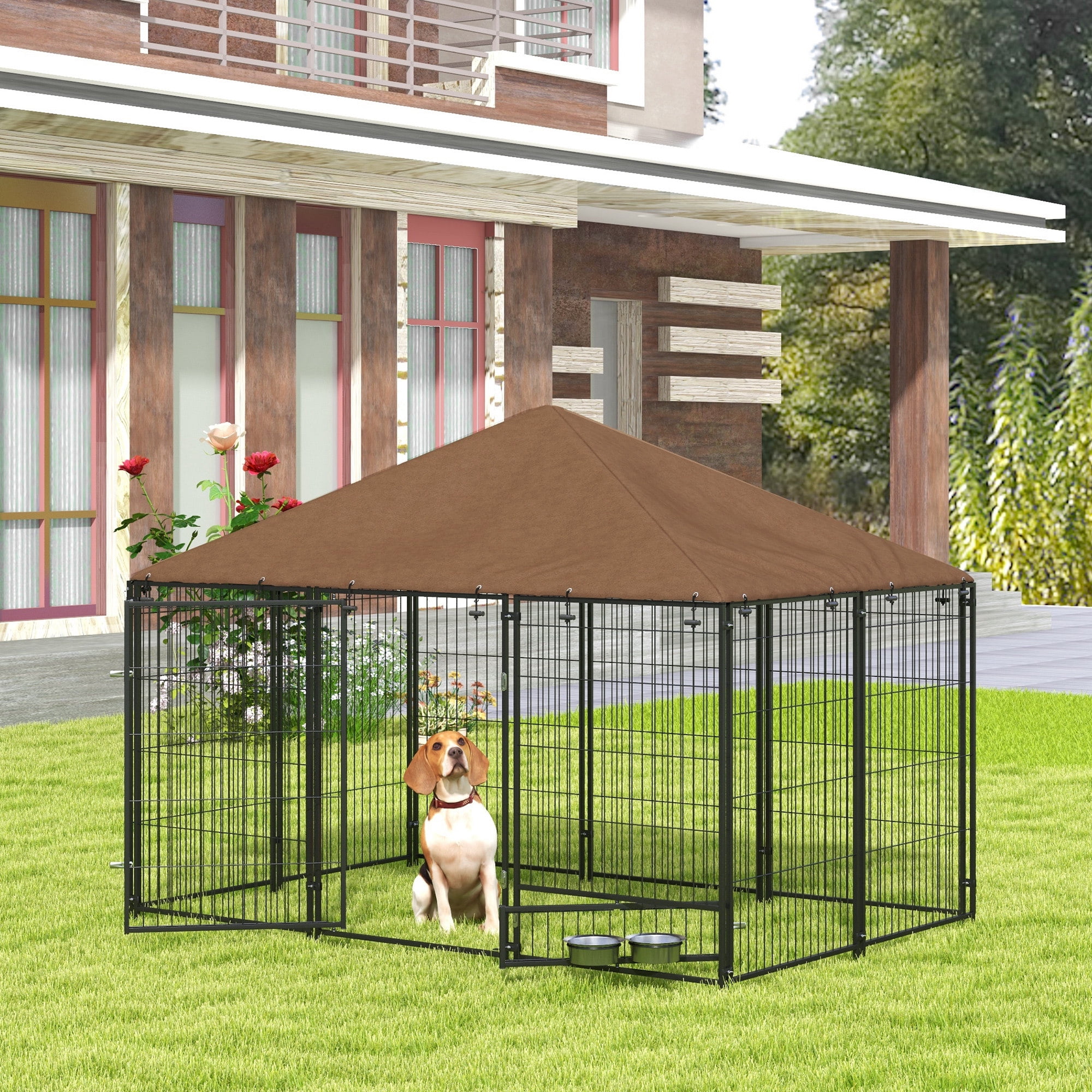 PawHut Outdoor Dog Kennel, 6.9' x 4.6' x 5' Puppy Play Pen with Canopy Garden Playpen Fence Crate Enclosure Cage Rotating Bowl, Black