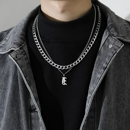 Punk Friends Gift Sweater chain Couple Necklace Thick Chain Men Women Titanium Steel Necklace Men Clavicle Chain Korean Style Necklace Cuban Letter Necklace E