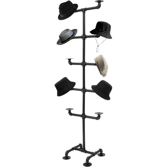 Metal Hat Display Rack, Industrial Pipe Style Hat Stand with 10 Holders, Freestanding Cap Storage Display Holder for Retail Shops Home Closets Bedrooms (Black)
