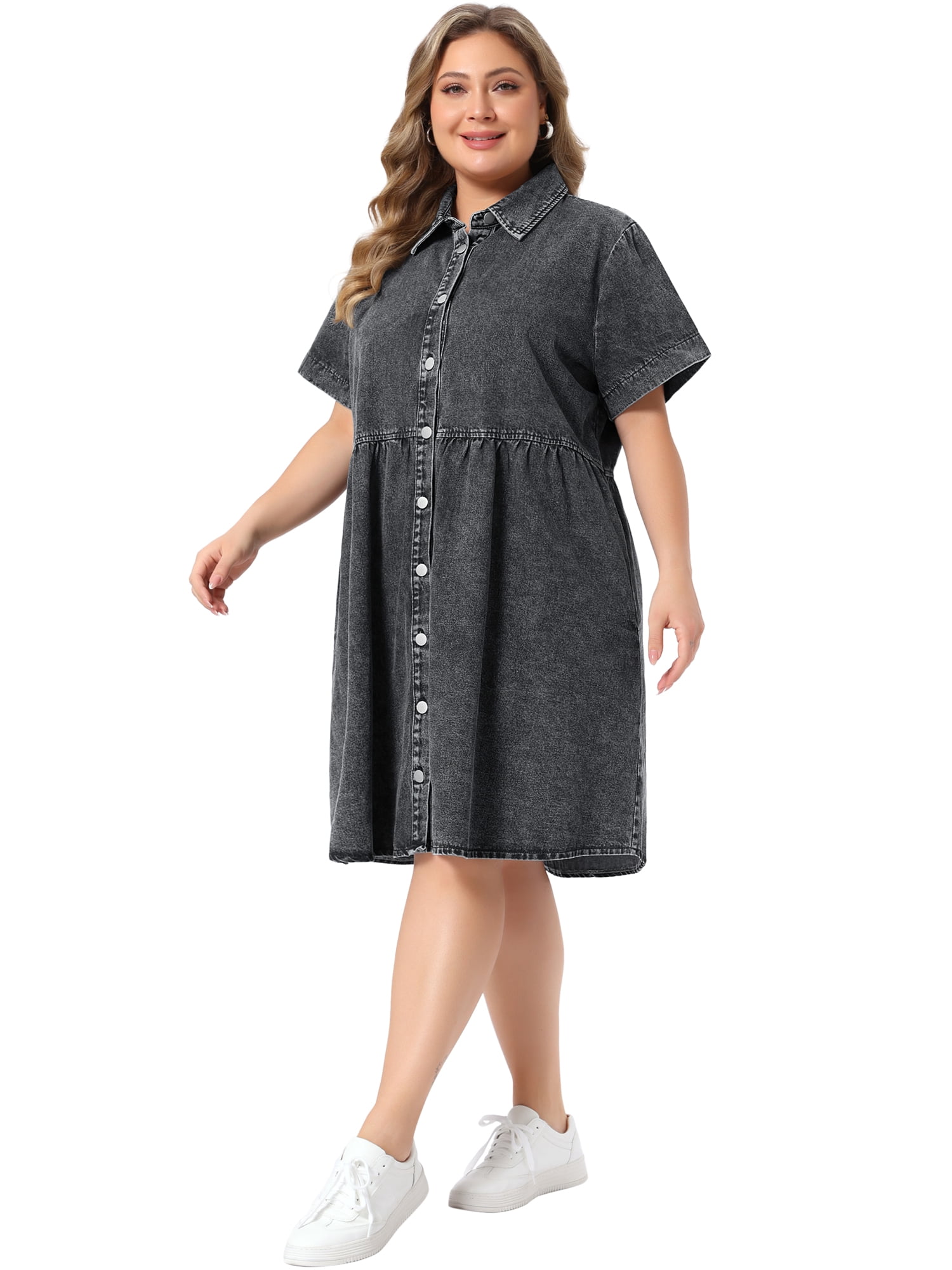 DARING DIVA Women's Plus Size Summer Casual Denim Babydoll Pockets Dress 3X Dark Grey