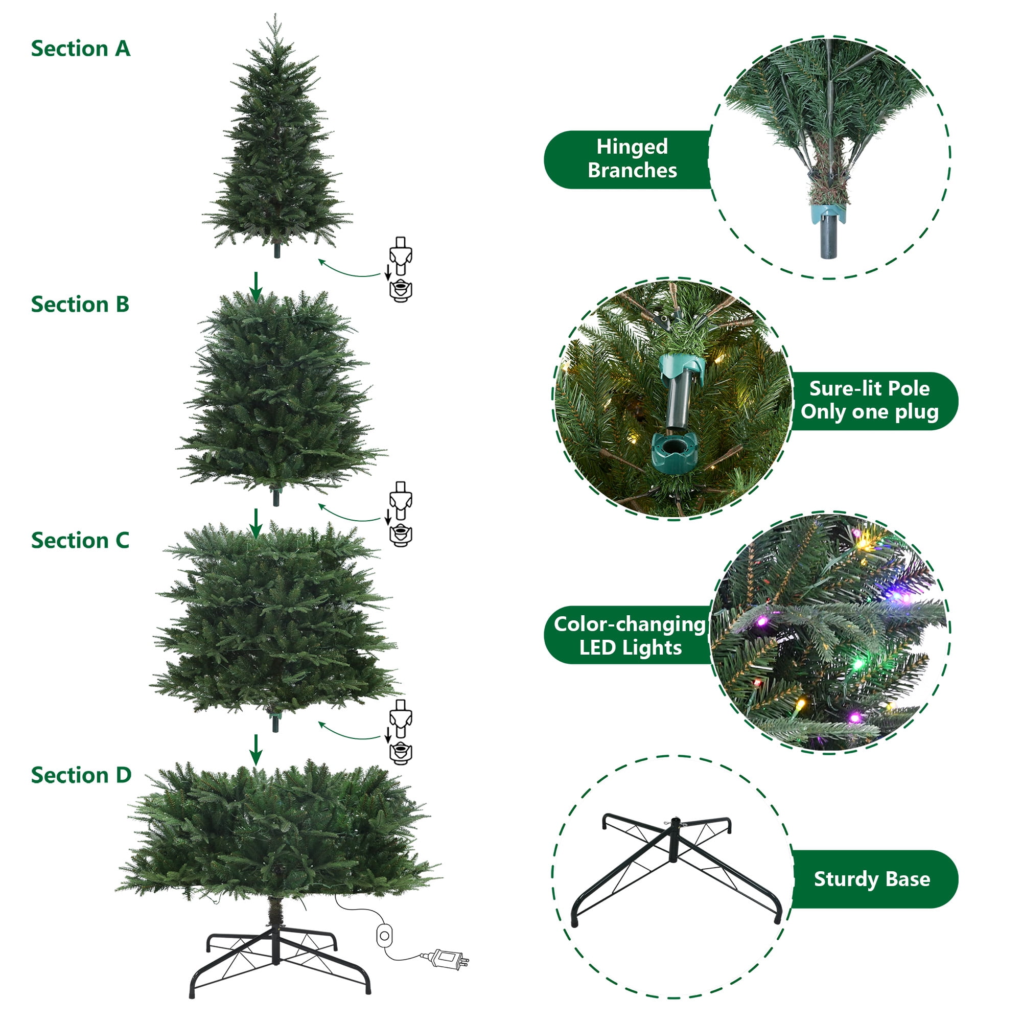 12ft Pre-Lit Sheridan Sure-Lit Pole Slim Pine Christmas Tree, 800 Color-Changing LED, Green, by Holiday Time
