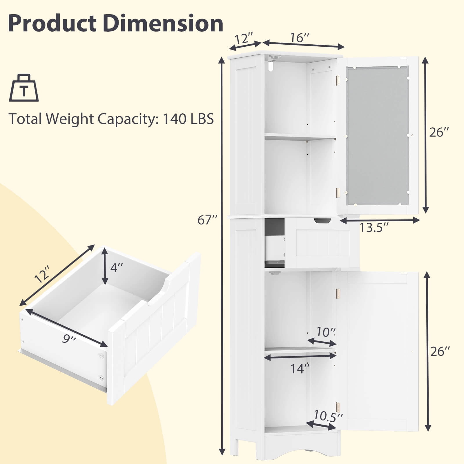 Costway 67" Tall Slim Bathroom Cabinet with 2 Adjustable Shelves 2 Doors and 1 Drawer White