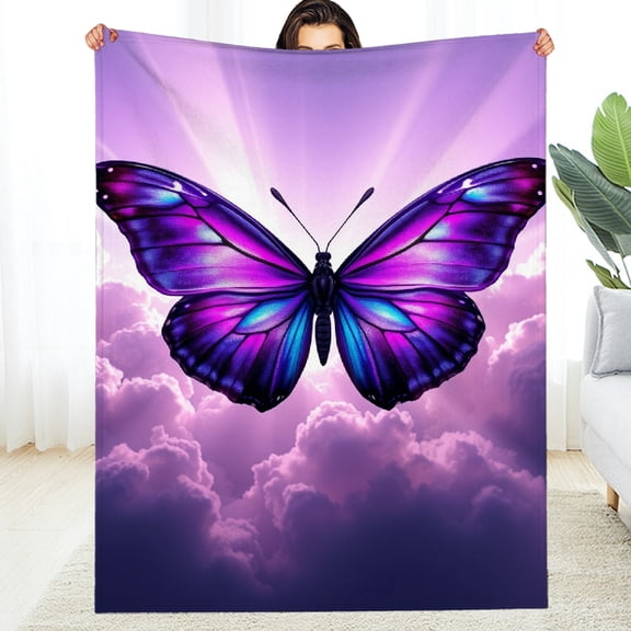 RKSupls Purple Butterfly Cloud Sky Soft Flannel Throw Blanket, Lightweight Fuzzy Warm Cozy Blanket for Couch Bed Home Travel Decor