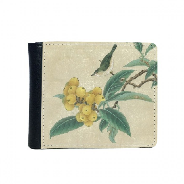 Loquat Embroidered Feather Figure Chinese Painting Flip Bifold Faux Leather Wallet Multi-Function Card Purse