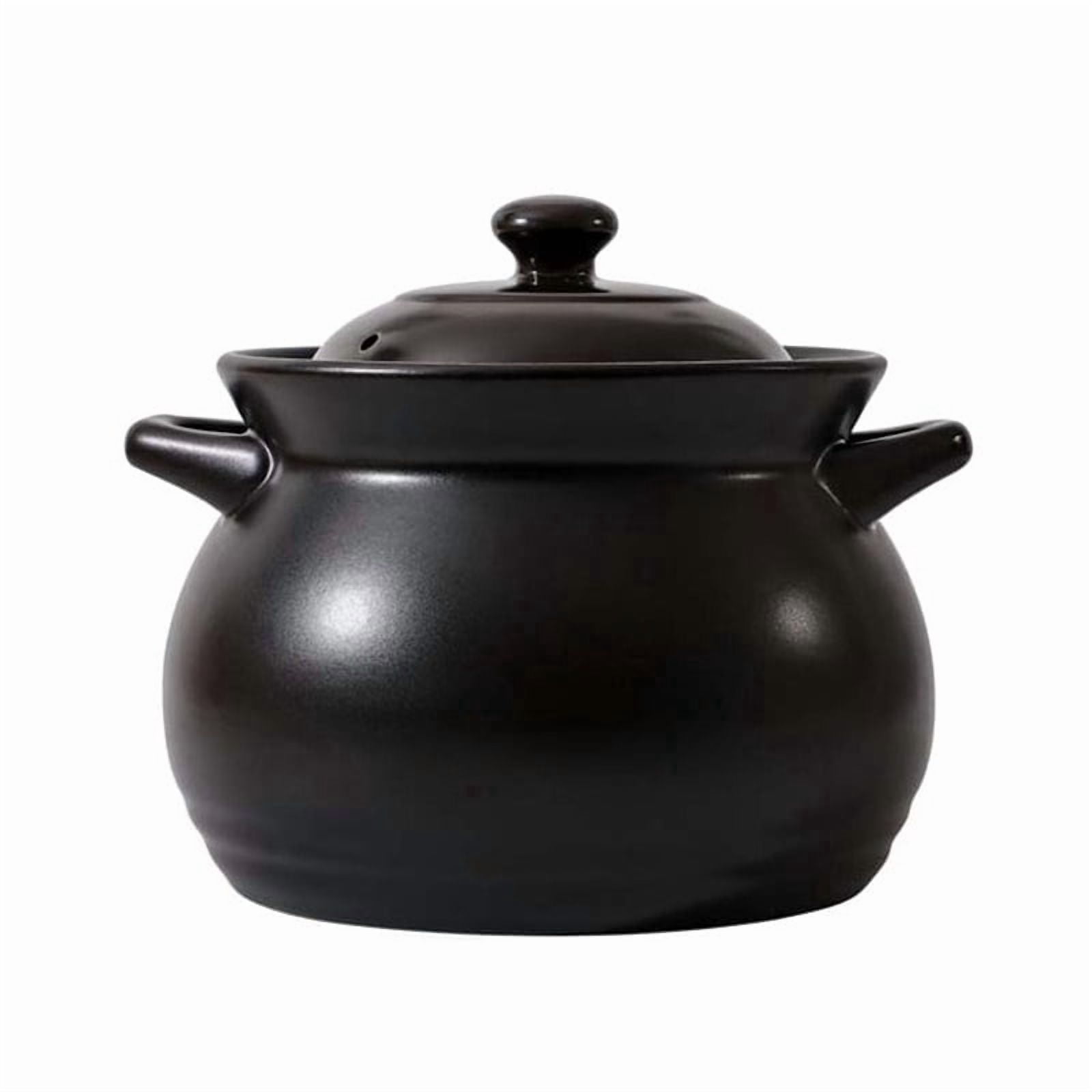 Cauldron Slow Cooker, Black Glazed Ceramic Casserole Pot with Lid, Soup and Porridge Cooking Pot for Gas Stovetops, Even Heat Distribution, Easy to Clean