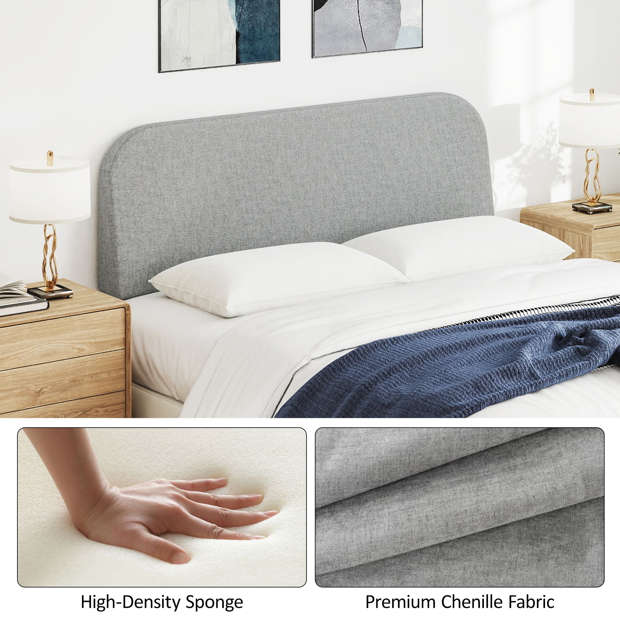 Furpopup Queen Size Headboard Only No-Assembly Upholstered Headboard, Queen Size Linen Fabric Modern Style Headboards Extra-Thick- Light Gray