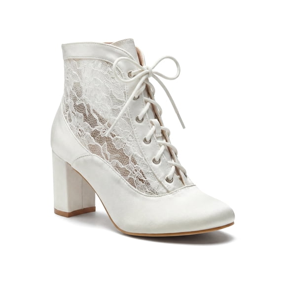 BLISSFUL STEP Women's Lace Satin Ankle Boots Chunky Block Heel Round Toe Vintage Wedding Booties with Side Zipper White 6