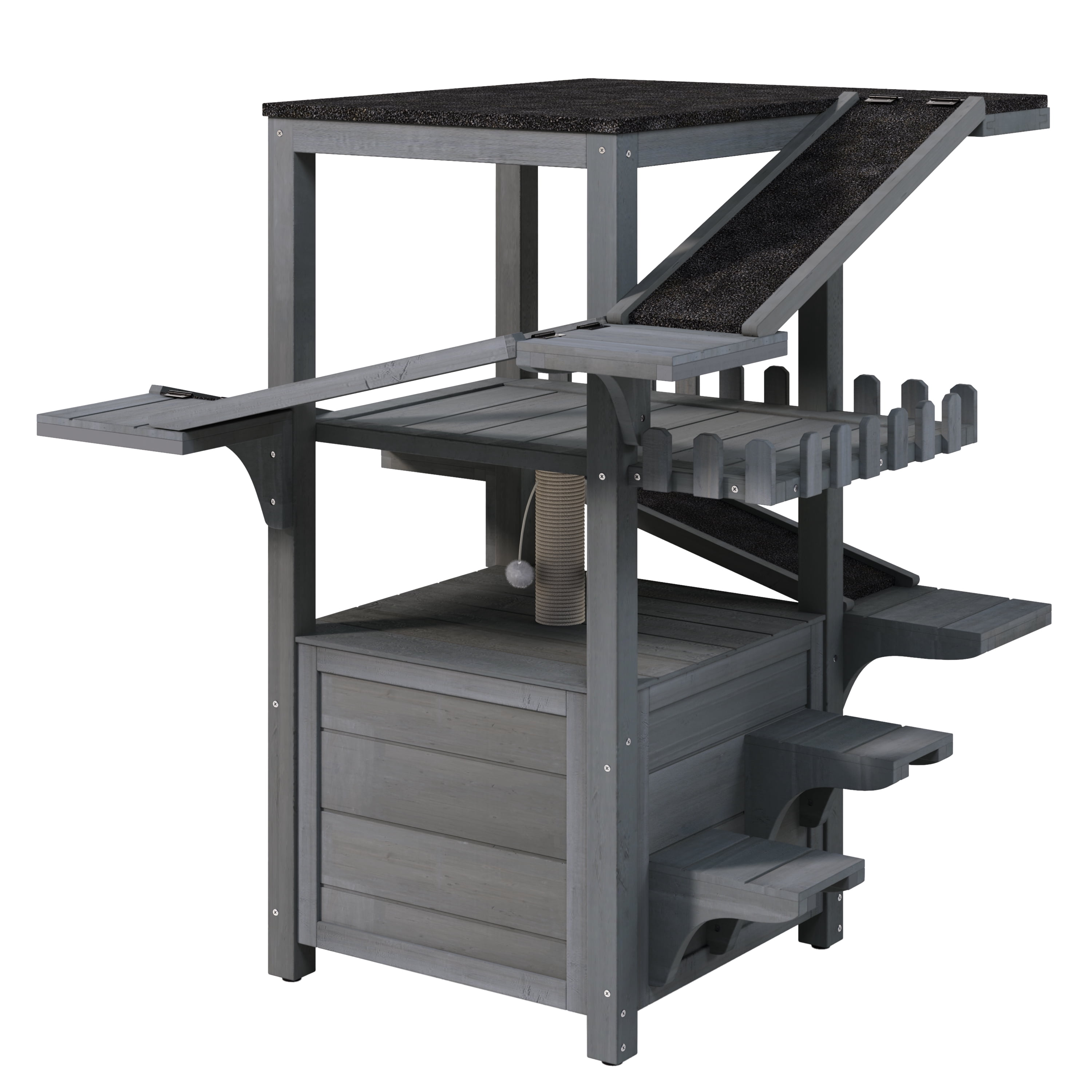 DRNANLIT 4 Tiers Outdoor Cat House, Weatherproof Cat Tree Tower with Waterproof Roof & 2 Doors, Feral Cat Shelter Outside Enclosure, Multi-Level Play Zones with Balcony, for Small Animals, Grey
