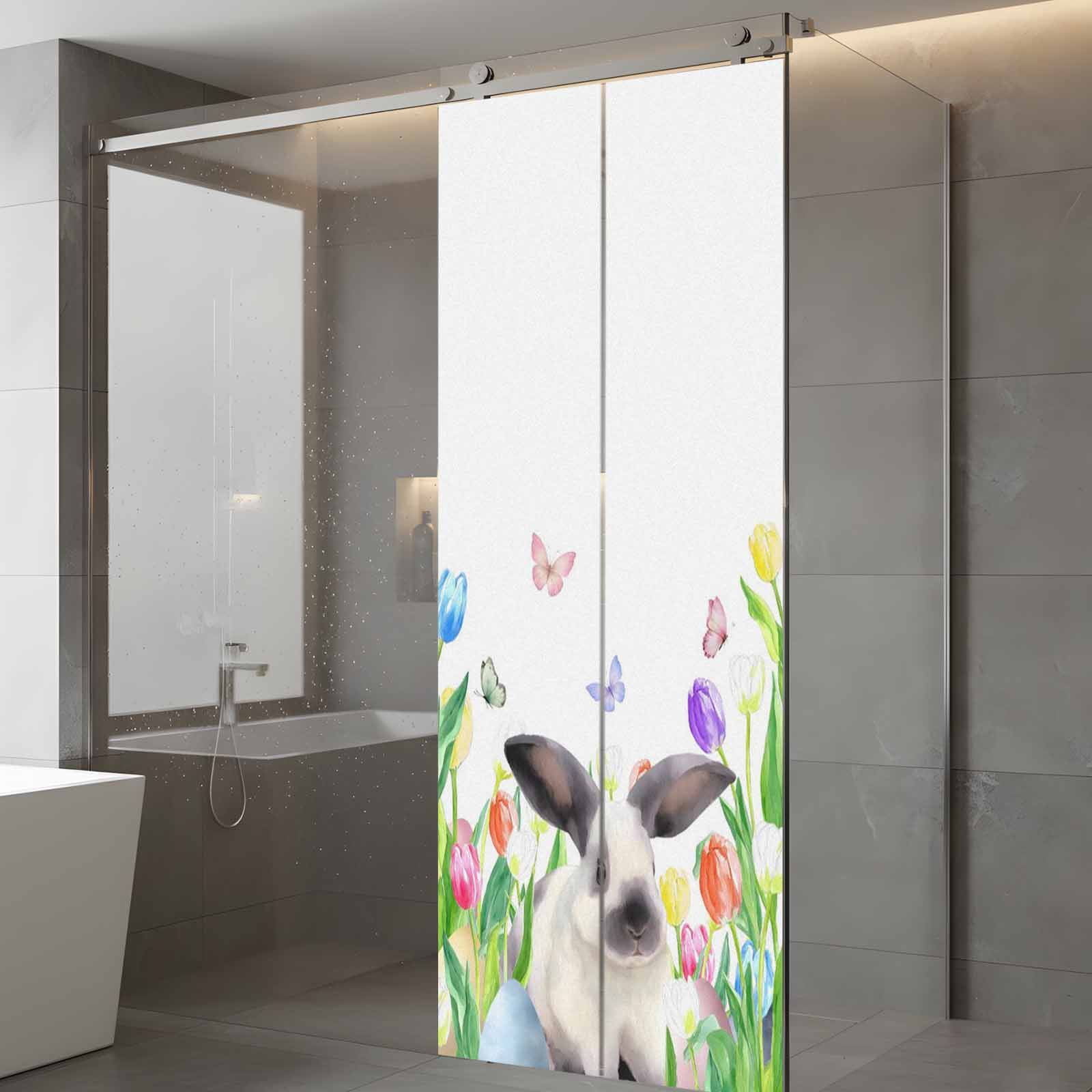 Easter Window Privacy Film, Watercolor Spring Rabbit Floral Eggs Butterfly Frosted Glass Window Clings Static Cling UV Heat Blocking Reusable Door Sticker for Bathroom 23.6 x 59 Inch