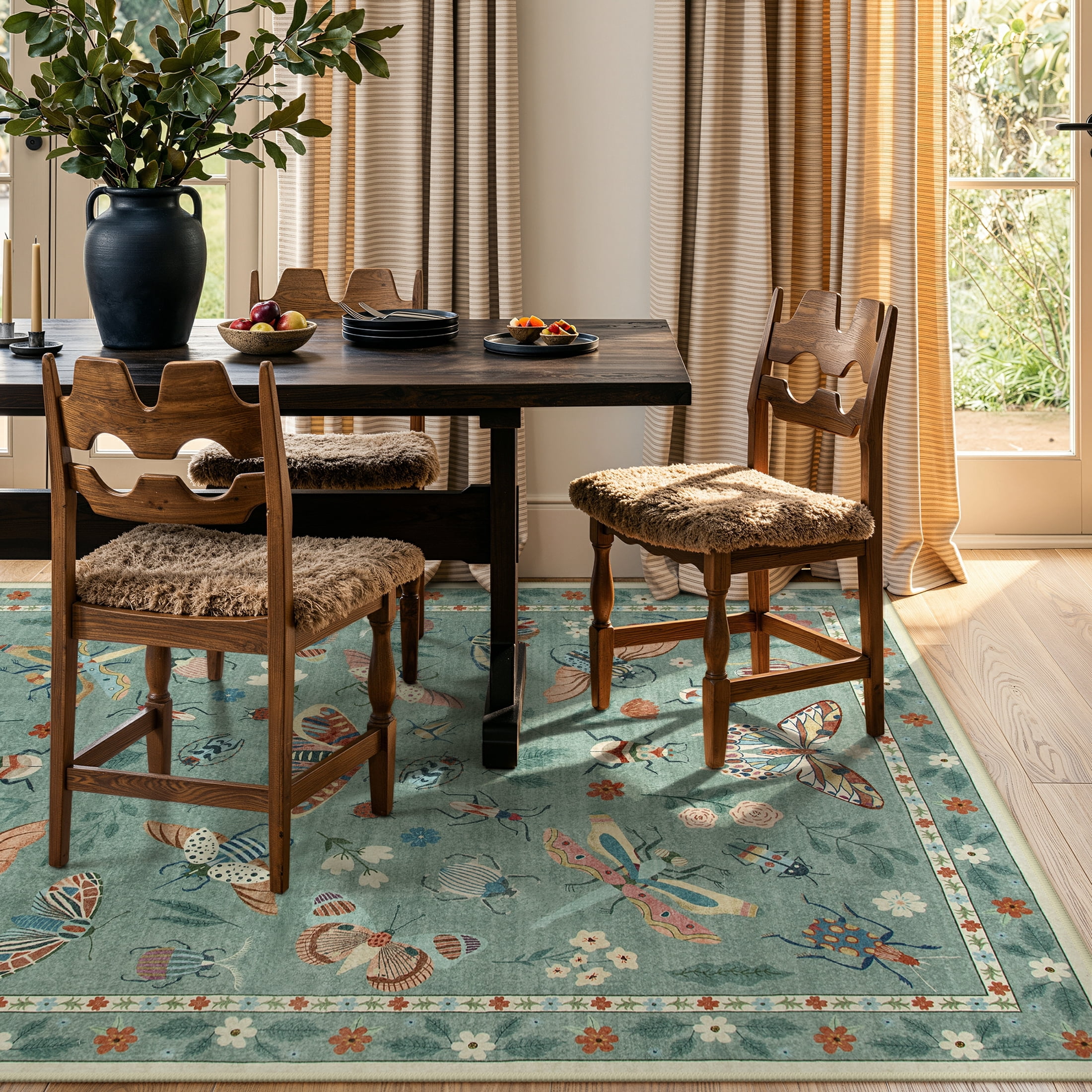 Moynesa Insect 5'x7' Area Rugs Washable Rug for Living Room Soft Natural Bedroom Rug Bug Accent Carpet for Dining Room Nursery Office Stain Resistant Non Slip, Light Green