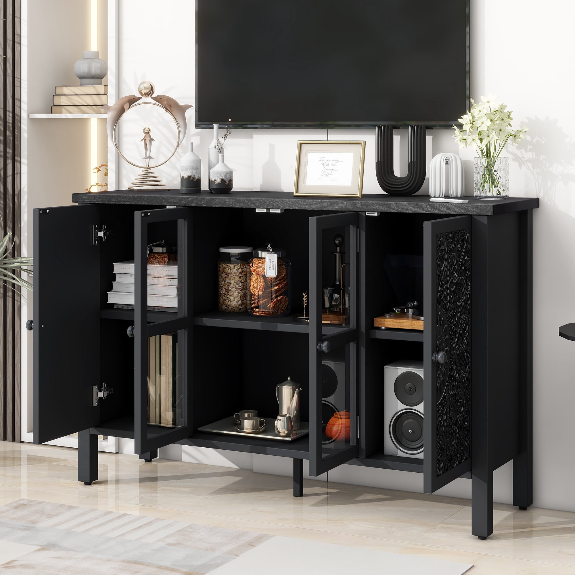 Euroco 47.2" American Retro-Style TV Stand – Media Console with Glass Door, Carved Cabinet Storage, Adjustable Shelves, Anti-Tip Device for TVs up to 43", Entertainment Center