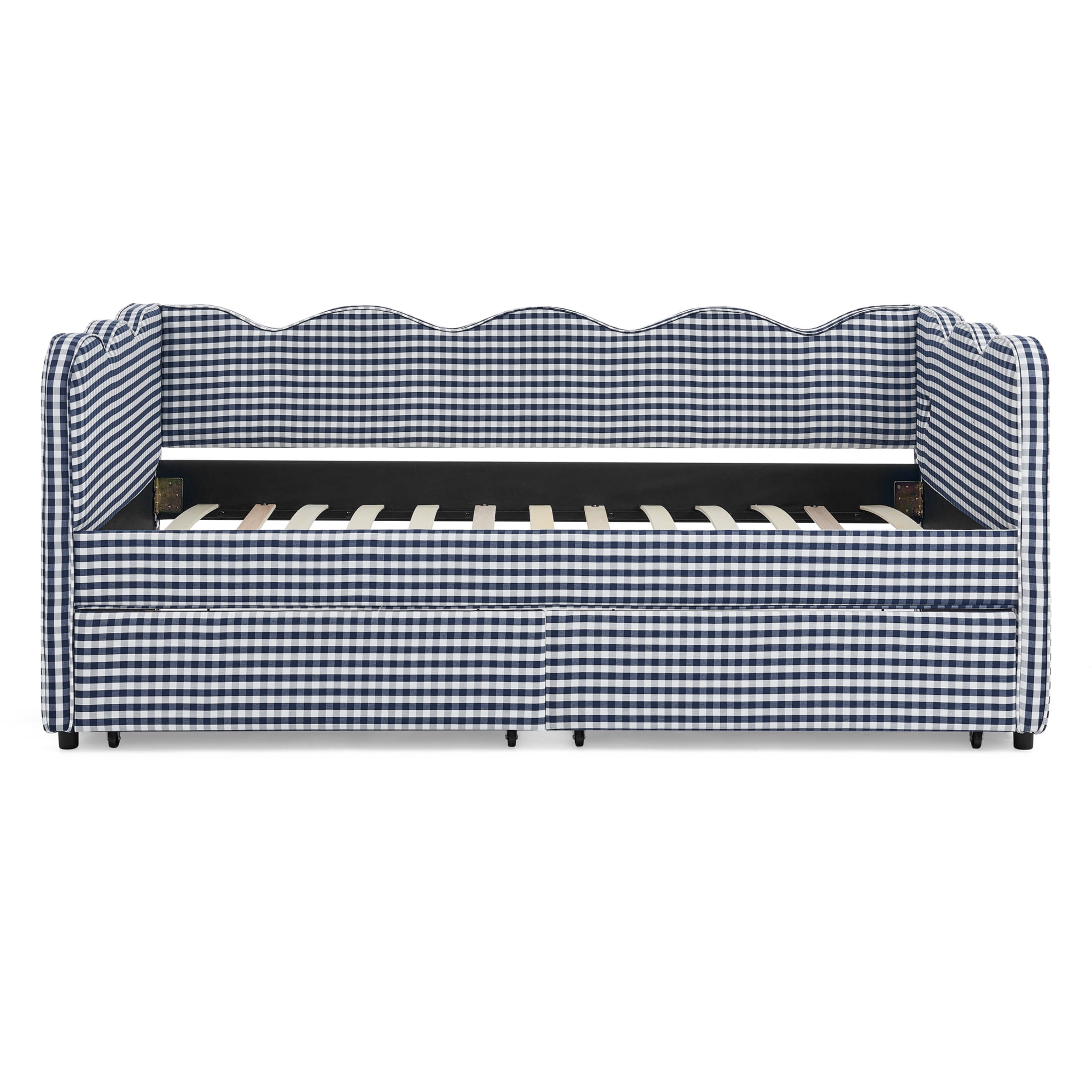 Noble House Corlan Twin Size Waved Daybed, Cozy Gingham Linen Sofa Bed with Storage Drawers and Charging Port, Navy Blue