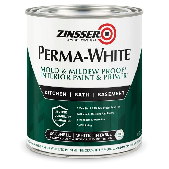 Pintura Zinsser 02774, color blanco permanente, a prueba de moho y hongos, cuarto de galón