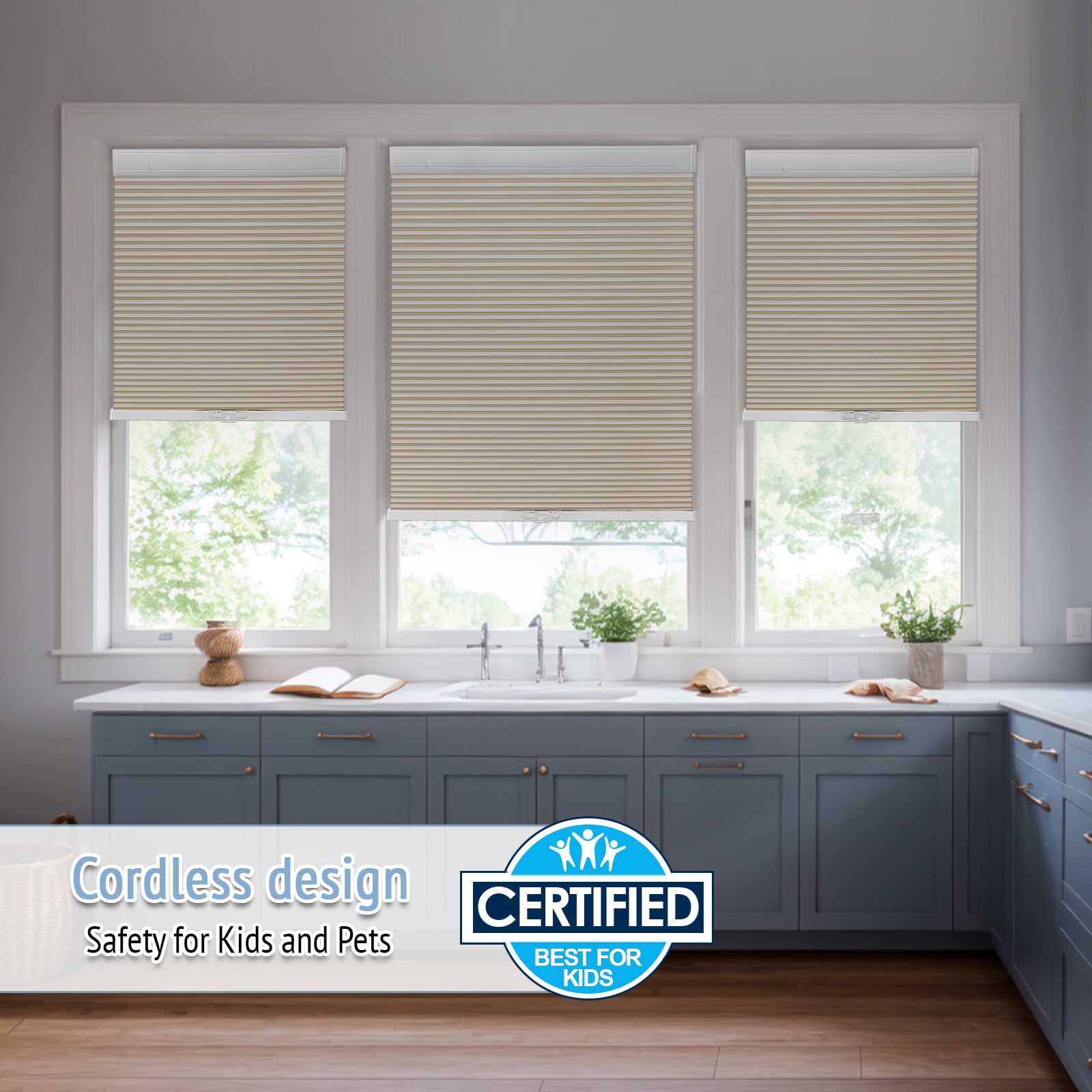 Keego New Upgraded No Drill Cordless Cellular Shades Blackout Honeycomb Blinds Easy Installation Heat Insulating Noise Reducing Window Shades, Blackout - Sand, 36"W x 48"H