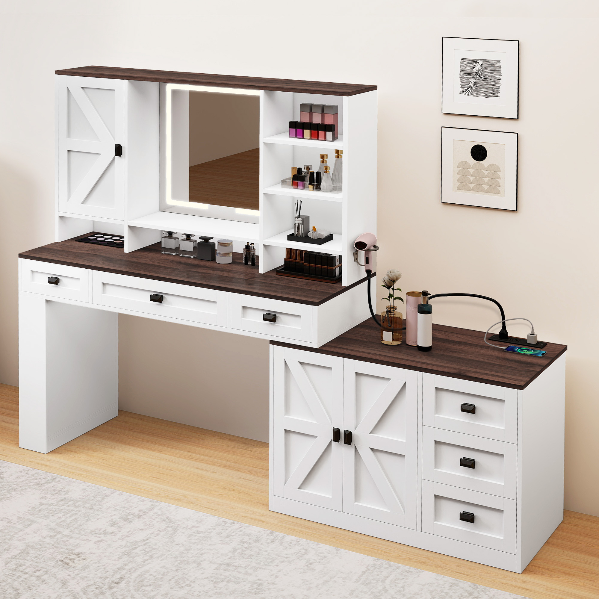 Uforic 360° Rotation Large White Makeup Vanity Desk with LED Mirror, Farmhouse Dressing Table with 6 Drawers Storage - Bedroom Furniture