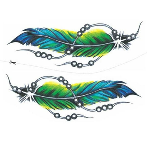 Green Feather Simulation Colorful Abdomen Makeup Temporary Art Tattoo Sticker - 2 Sheets