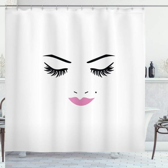 GlamorLash Shower Curtain - Pink Lipstick Beauty Design, Feminine Makeup Decor, Cloth Fabric Bathroom Set with Hooks, 69 W x 70 L, Fuchsia Black White
