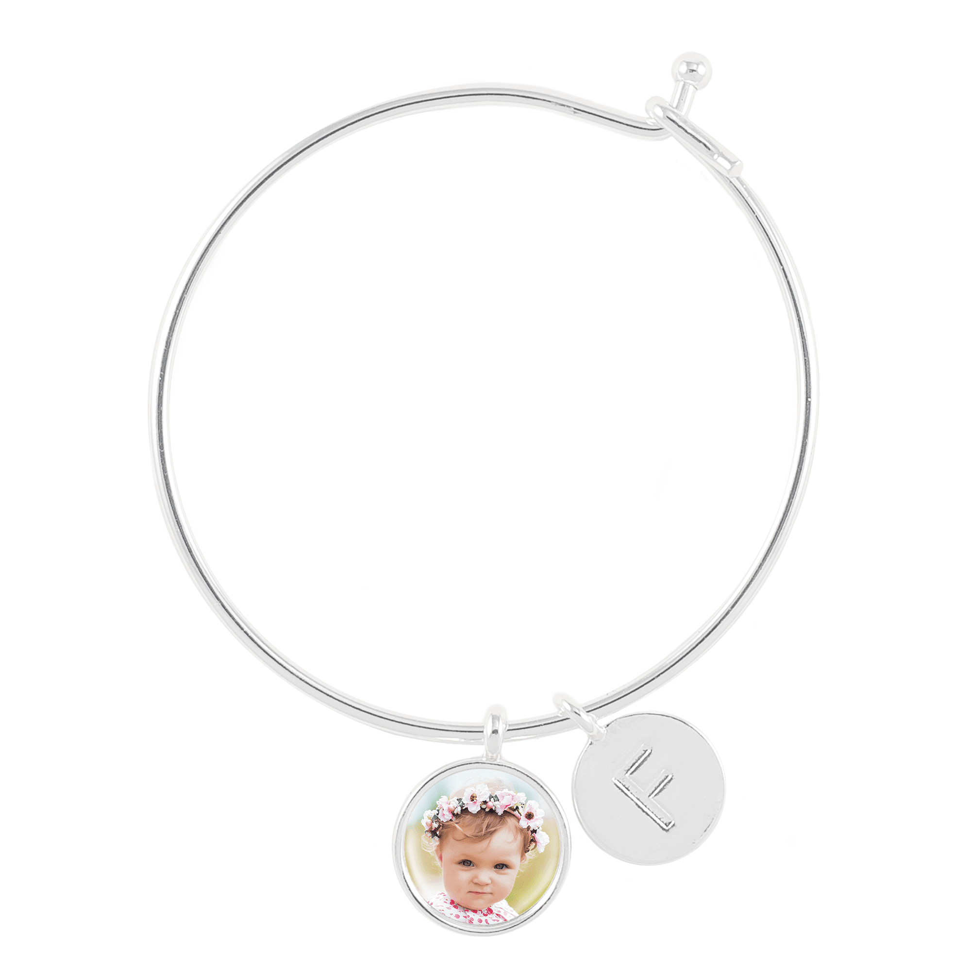 Bangle Bracelet with Photo Charm and Letter Charm