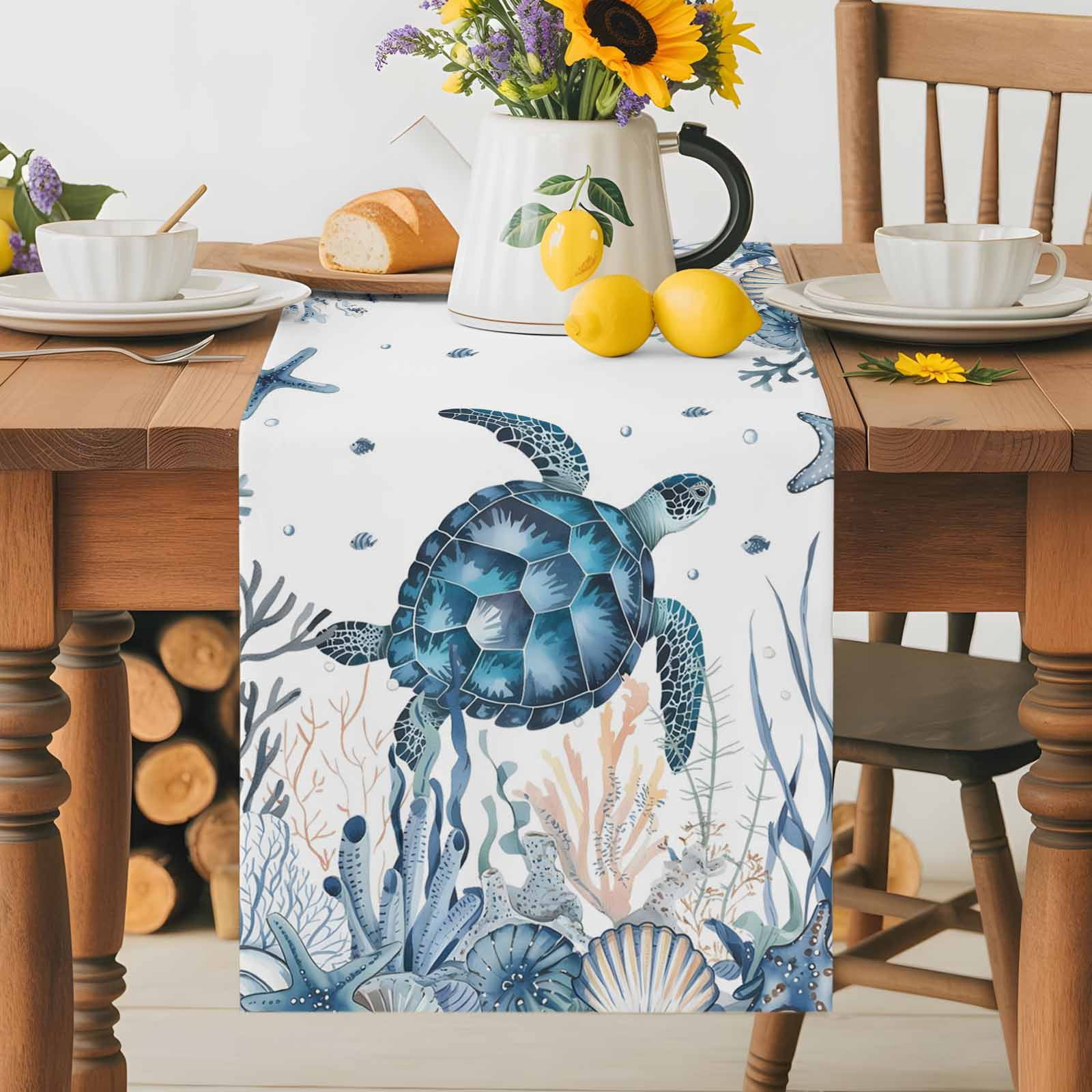 Sea Turtle Starfish Shell Seaweed Table Runner 90 Inches Long, Blue Ocean Marine Life Table Runners Tabletop Scarf Kitchen Dining Tables Decoration for Home Party Indoor Outdoor