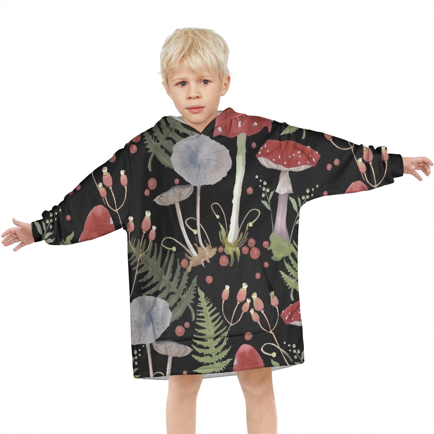 Red Mushroom Fern Black Pattern Blanket Hoodies for Kids 6-13YR Oversize Wearable Blanket Hoodies for Boys Girls Teens