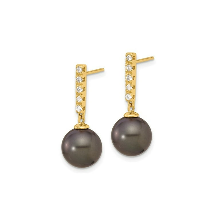 14K Yellow Gold Black Saltwater Tahitian Dangle Pearl Earrings 9