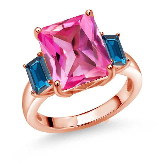 Gem Stone King 7.92 Ct Pink Created Sapphire London Blue Topaz 18K Rose Gold Plated Silver 3-Stone Ring (Size 6)