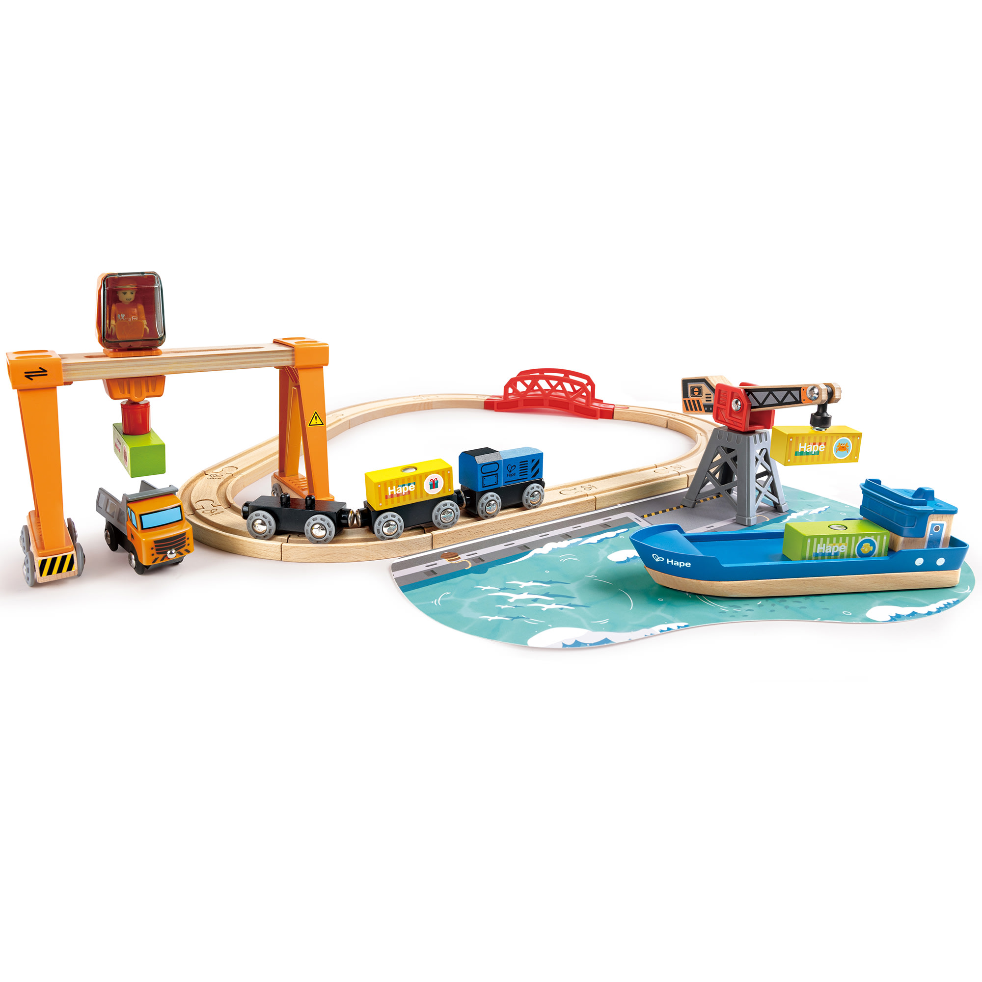 Hape: Cargo Ship & Crane - 6 pc Train Playset, Functional Crane, Wooden Toy, Magnetic Linking, Cargo Accessories, Push & Pull, Kids Ages 3+
