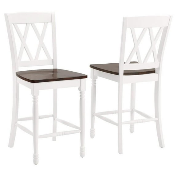 Pemberly Row 24" Wood Counter Stool in Distressed White/Rich Cherry (Set of 2)