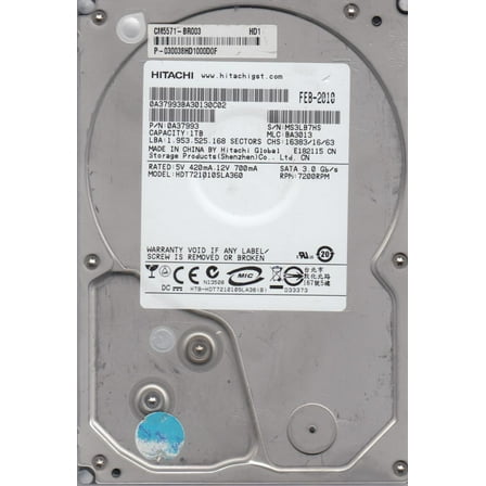 HDT721010SLA360, PN 0A37993, MLC BA3013, Hitachi 1TB SATA 3.5 Hard Drive
