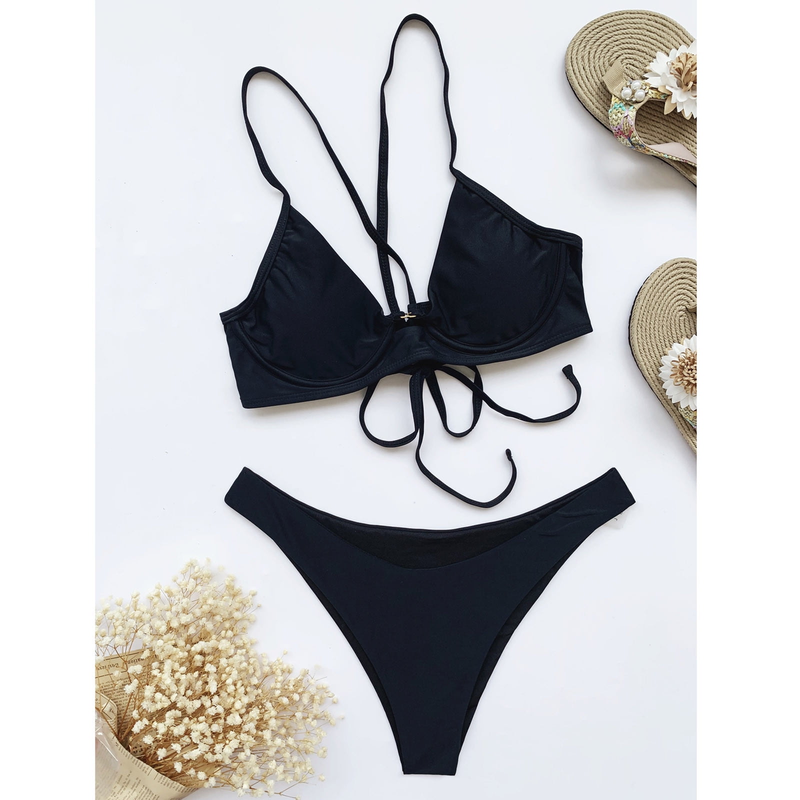 Generic Solid Color Lace Up Women Bikini Set Black Push Up Bra And Thong  Two Piece Bathing Swimming Suit Summer Sexy Beachwear Outfits