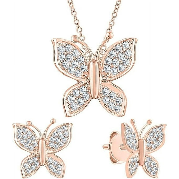 Real 925 Sterling Silver 14K Rose old Finish Round Cut White Diamond Cute Butterfly Pendant Necklace & Stud Earring Jewelry set for Women