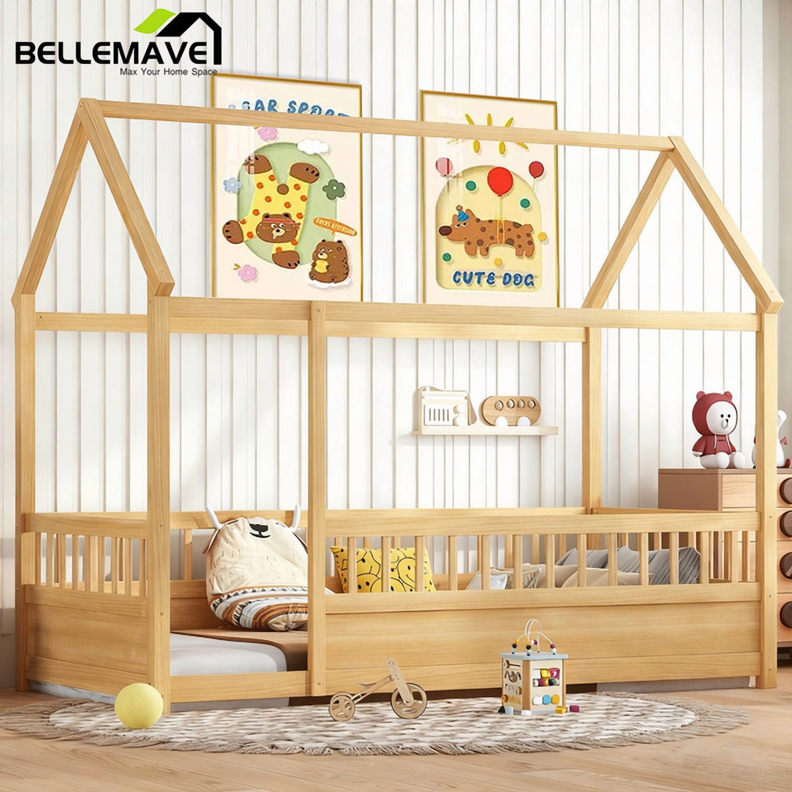Bellemave Twin Size House Floor Bed, Wooden Twin House Bed with High Fence, Safe Playhouse Montessori Floor Bed with Fence, Natural