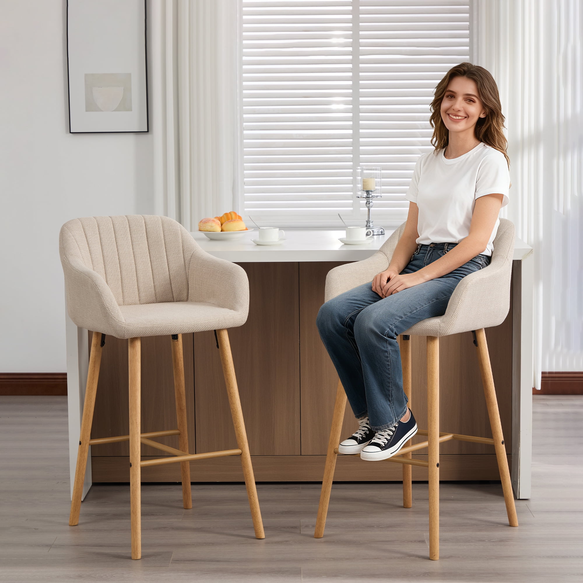 Bar Stools Set of 2, Counter Height Stools, Kitchen Stools&nbsp;25” Seat Height Barrel Tub Design With Full Backrest, Relaxing Footrest, Black Metal Frame, Easy-Clean Gray Linen Upholstery