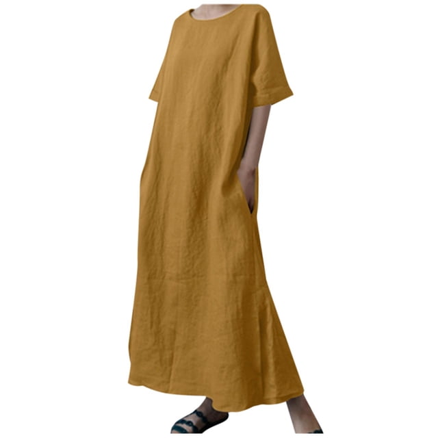 Vestido largo de lino para mujer talla grande - Cintura con cordón, abertura, manga corta, informal